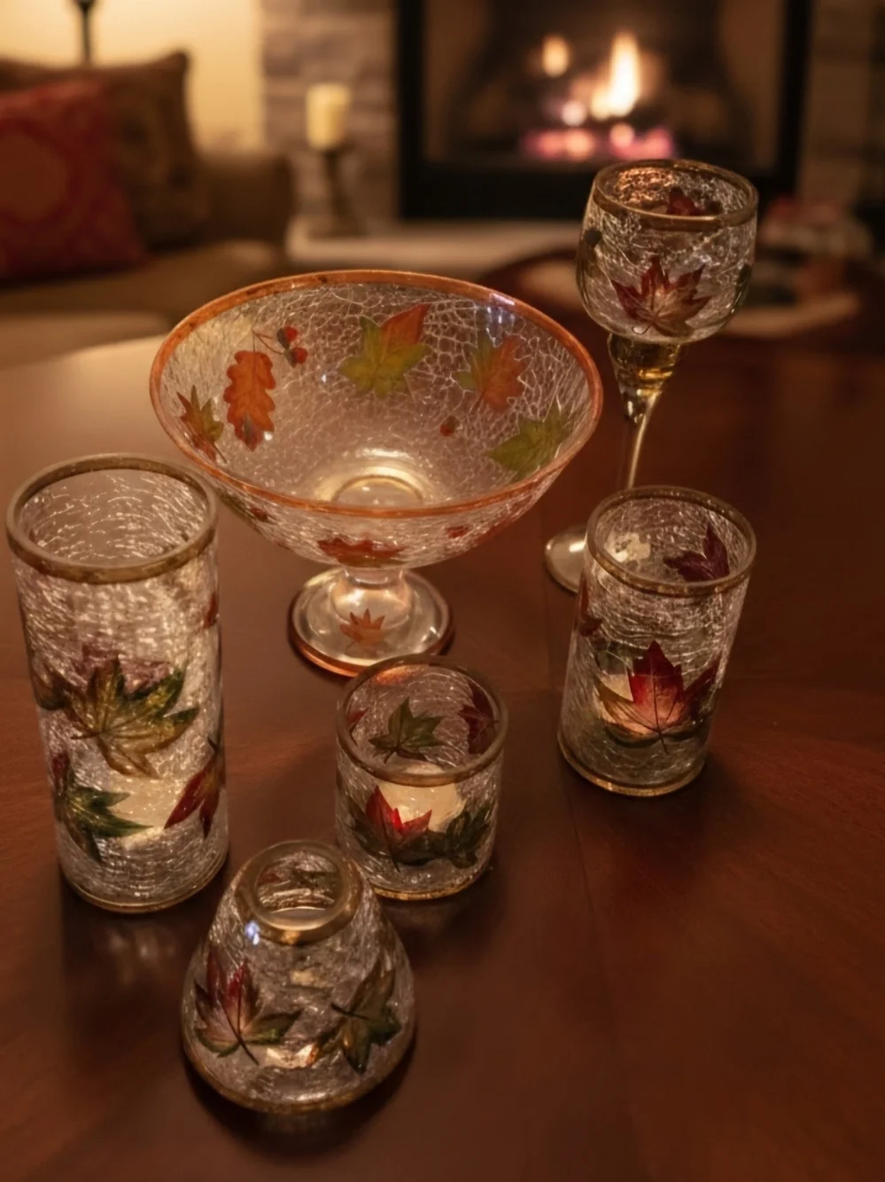 Vintage 6 PieceYankee Candle Clear Crackle Glass Jar with Fall Accents.